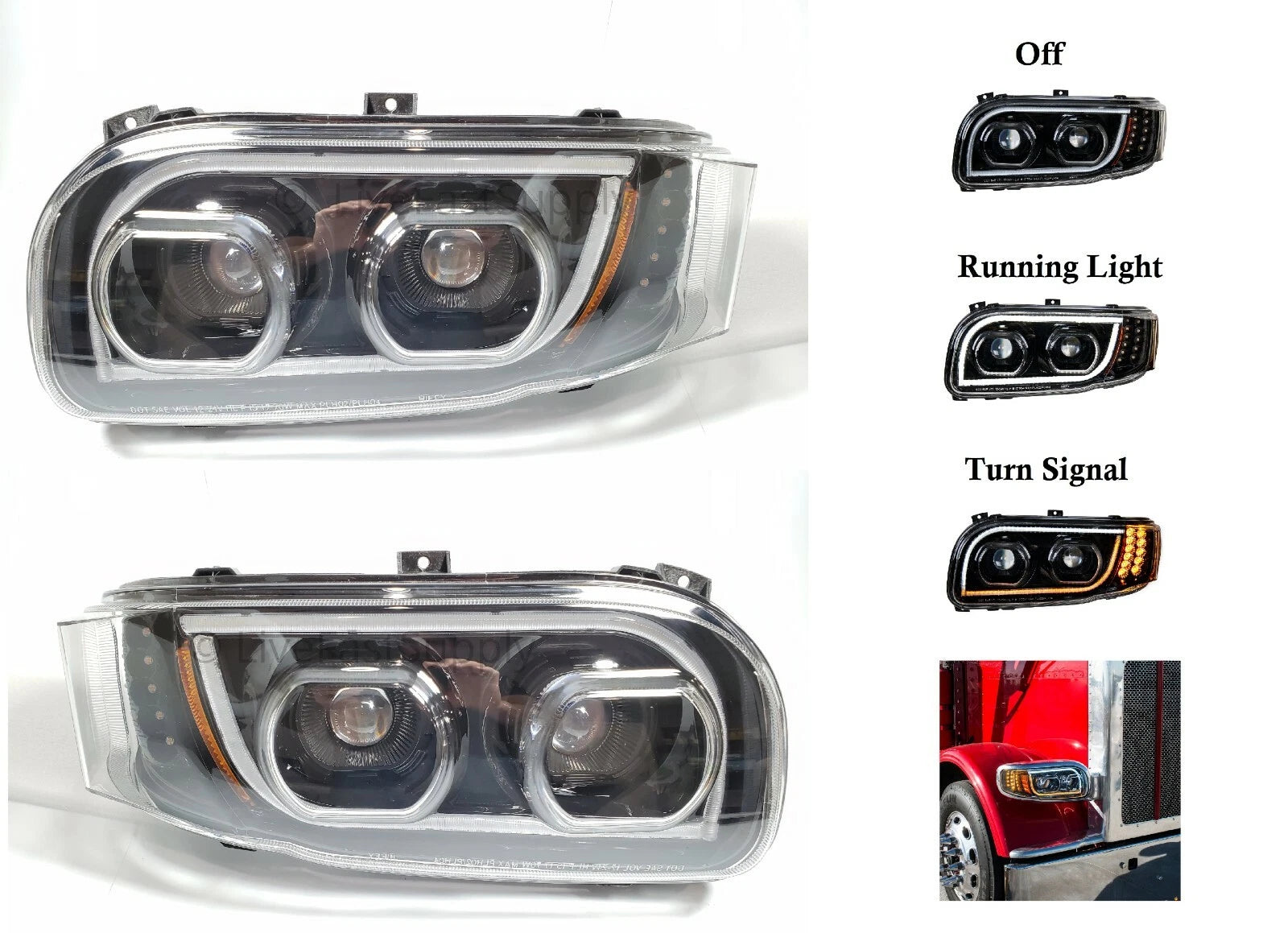 Pair LED Headlights w Dual Function Halo DLR for Peterbilt 388/389 (2013–2025)