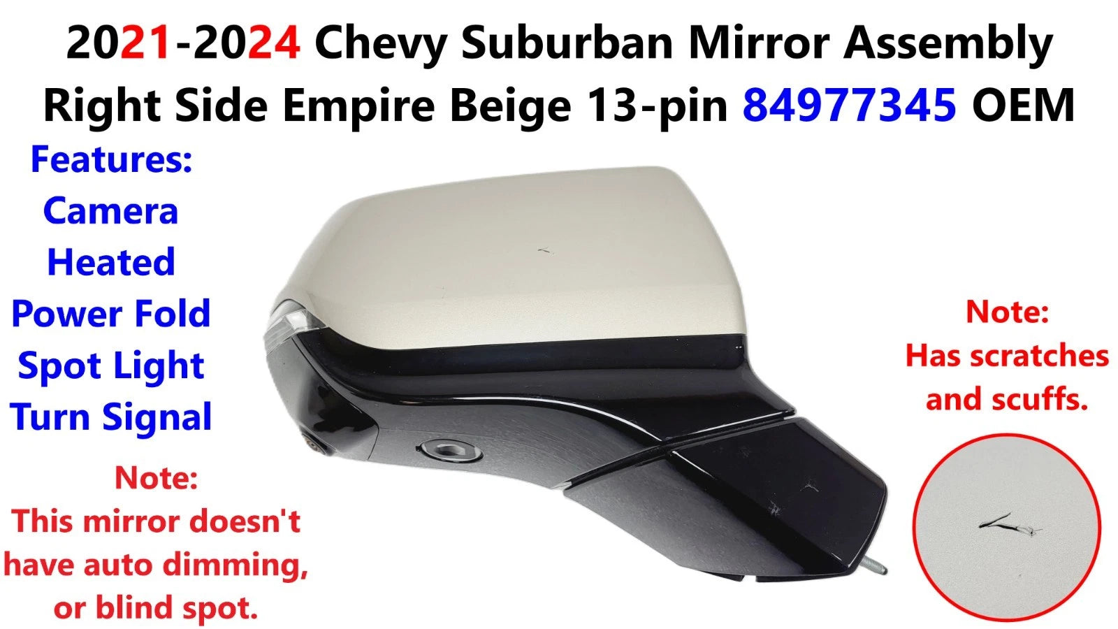 Mirror Assembly for Chevy Suburban Right Side (2021–2024) 84977345, Empire Beige