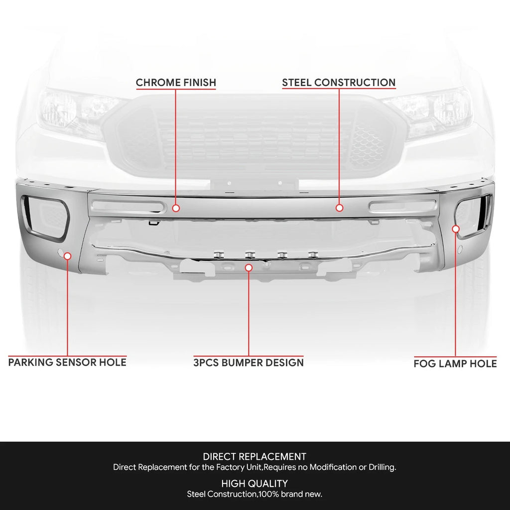 Chrome Steel Front Bumper Face Bar for Ford Ranger (2019–2024) w/ Sensor Hole