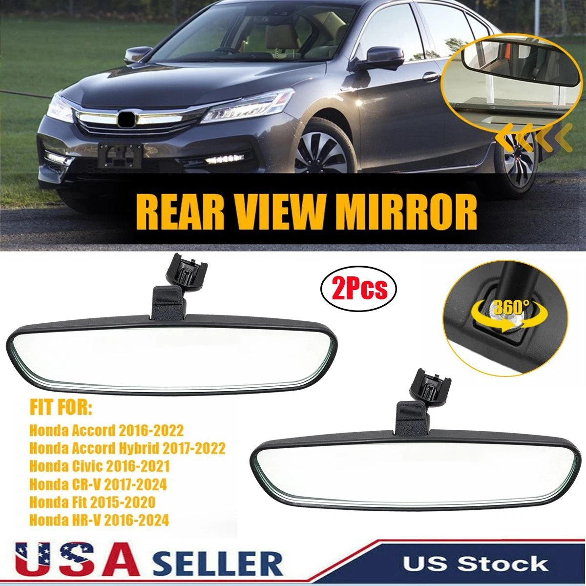 2X Inside Rear View Mirror for Honda Civic (2016–2021) Honda HR-V (2016–2024) Black