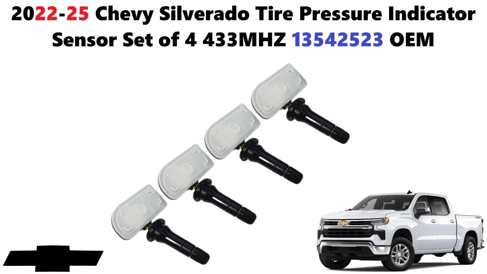 Set of 4 Tire Pressure Indicator Sensors for Chevy Silverado (2022–2025) 433MHZ 13542523