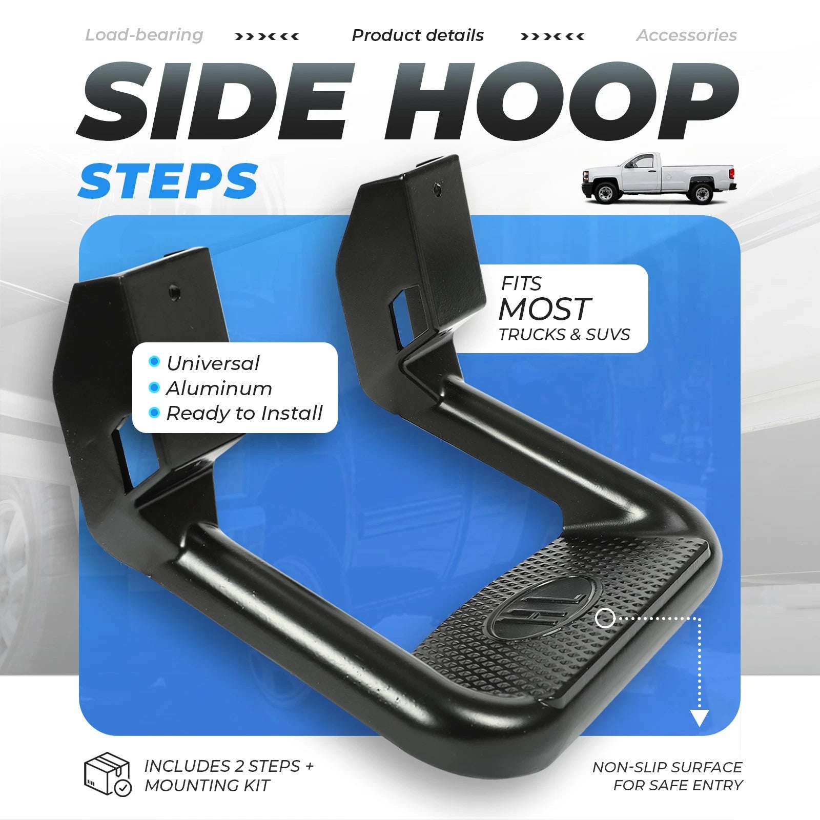 2Pcs Aluminum Side Steps Nerf Bar for Chevy GMC Pickup Truck SUV (Universal)