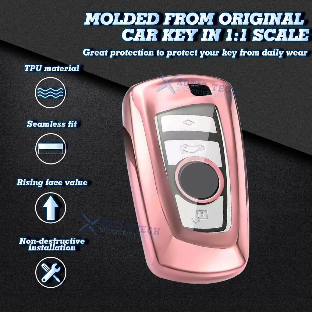 Pink Remote Key Fob Shell Case Cover w/Keychain for BMW 2-5, X3-X4 (2014-2019)