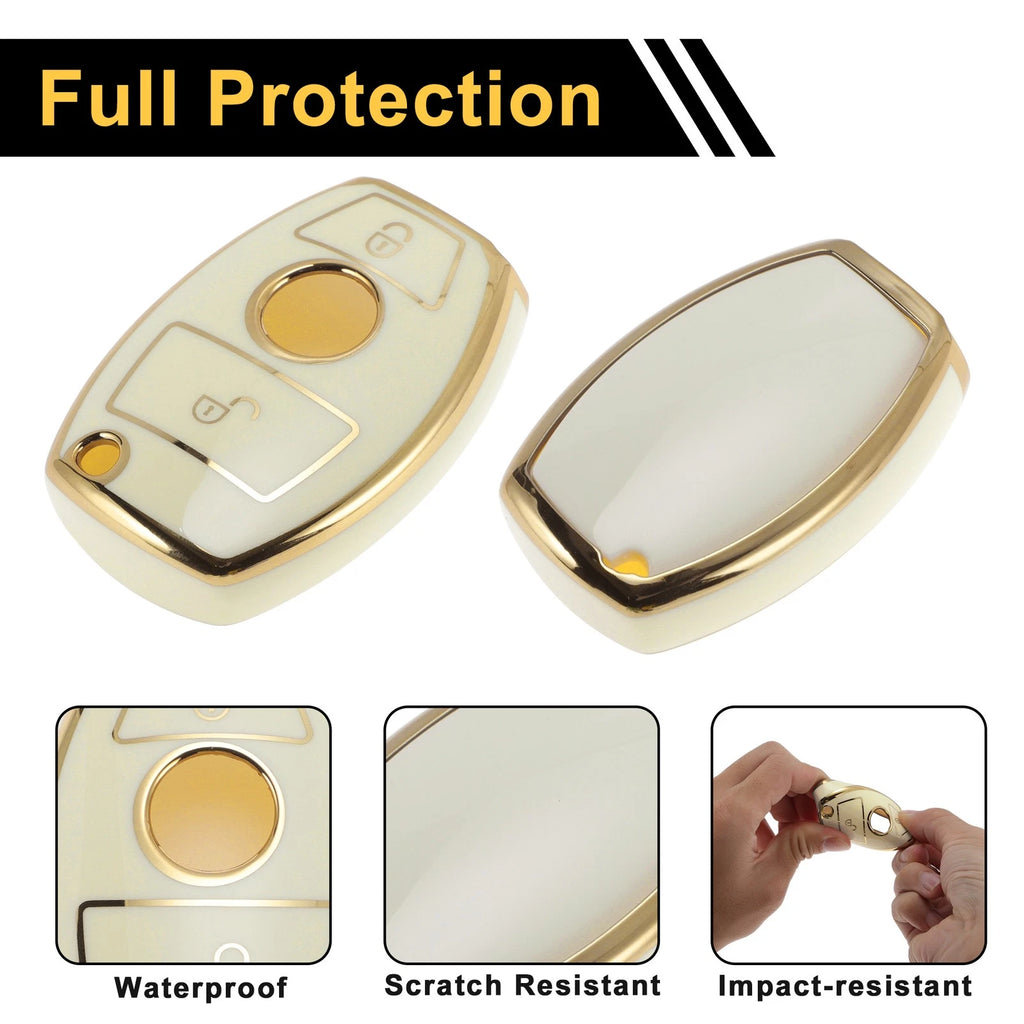 TPU Silicone Car Key Case for Mercedes-Benz (2 Buttons) - White/Gold Edge