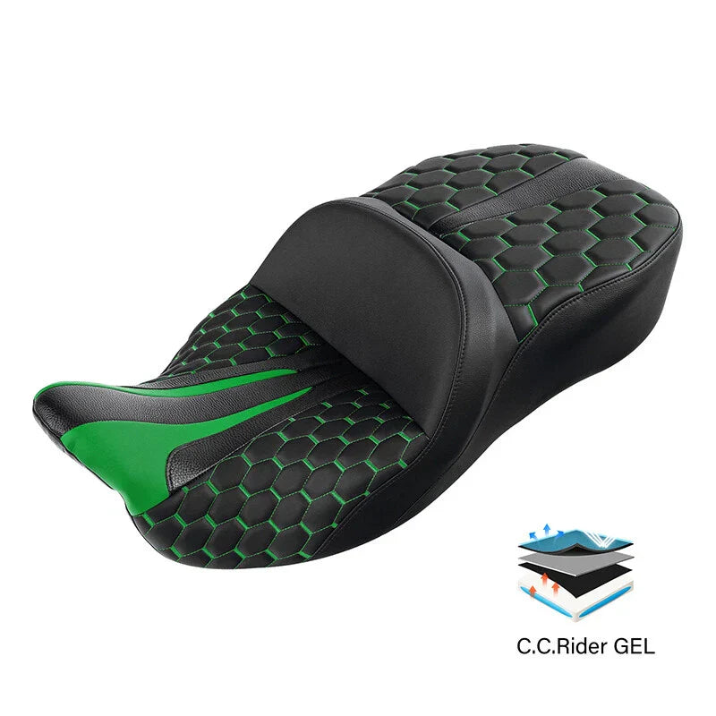 Black Green Driver Passenger Gel Seat for Harley Street Road Glide (2009-2023)