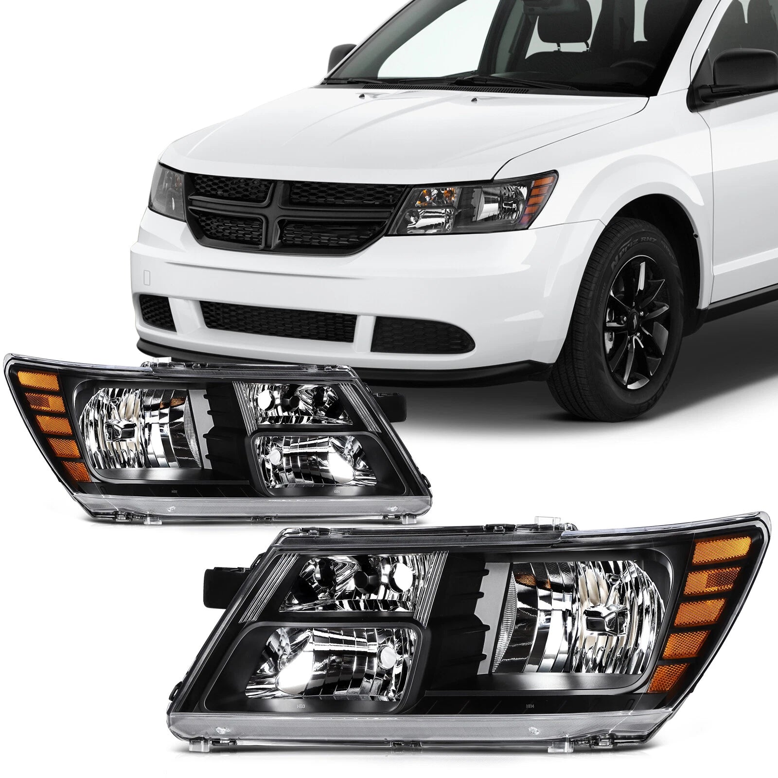 Set of 2 Black Housing Headlights Assembly for Dodge Journey (2009–2018)