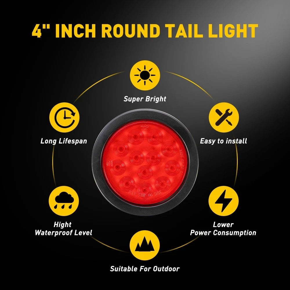 2X 4-Inch LED Red Round Tail Light for Truck (Waterproof)