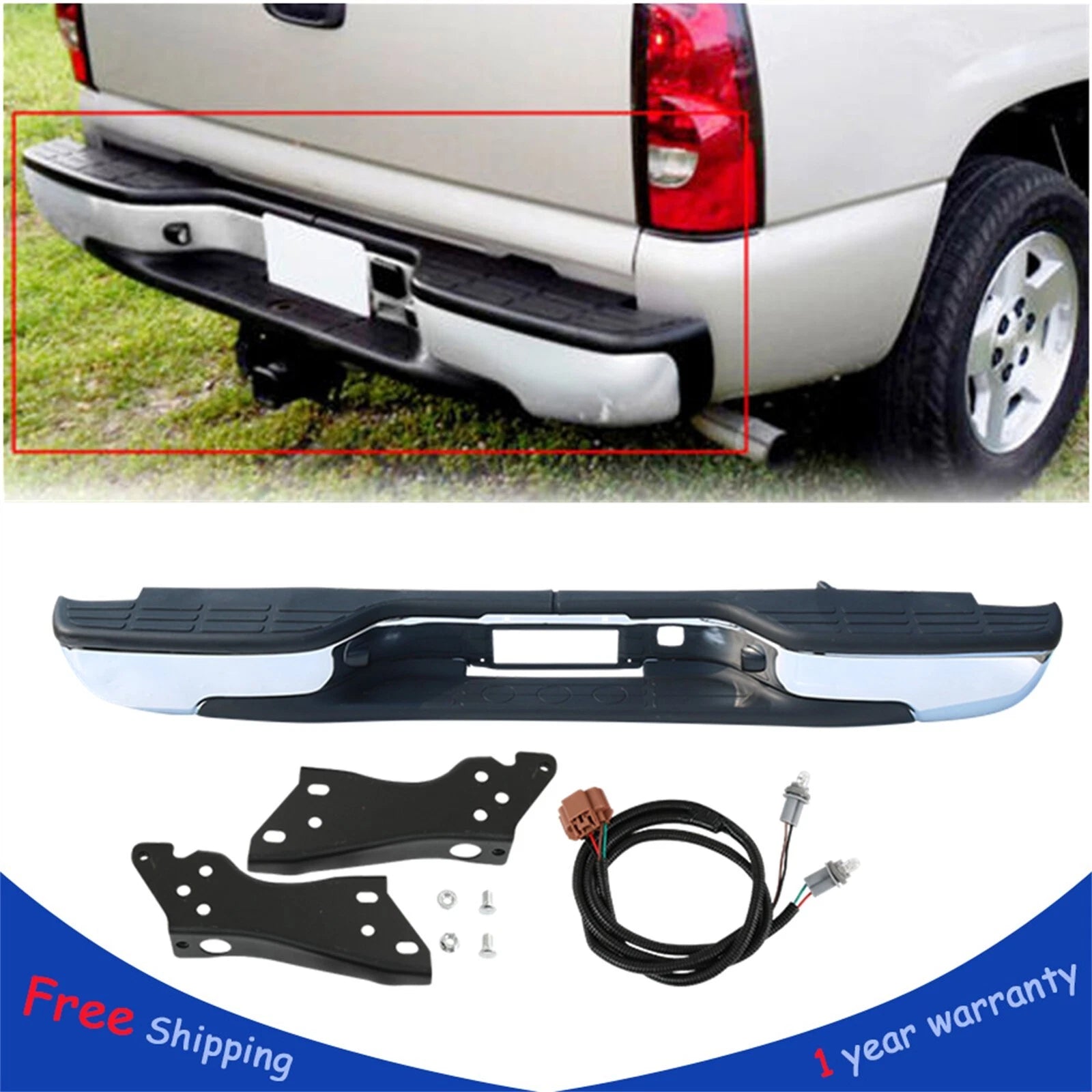 Chrome Rear Bumper for Chevy Silverado GMC Sierra 1500 2500 (1999–2007)