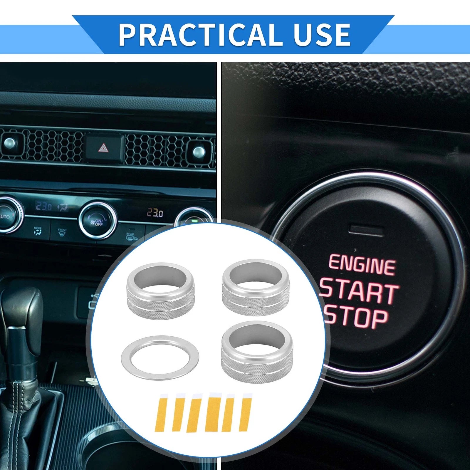 Set of 4 AC Engine Start Switch Knob Cover Rings for Honda Civic (2022–2024) Silver Tone