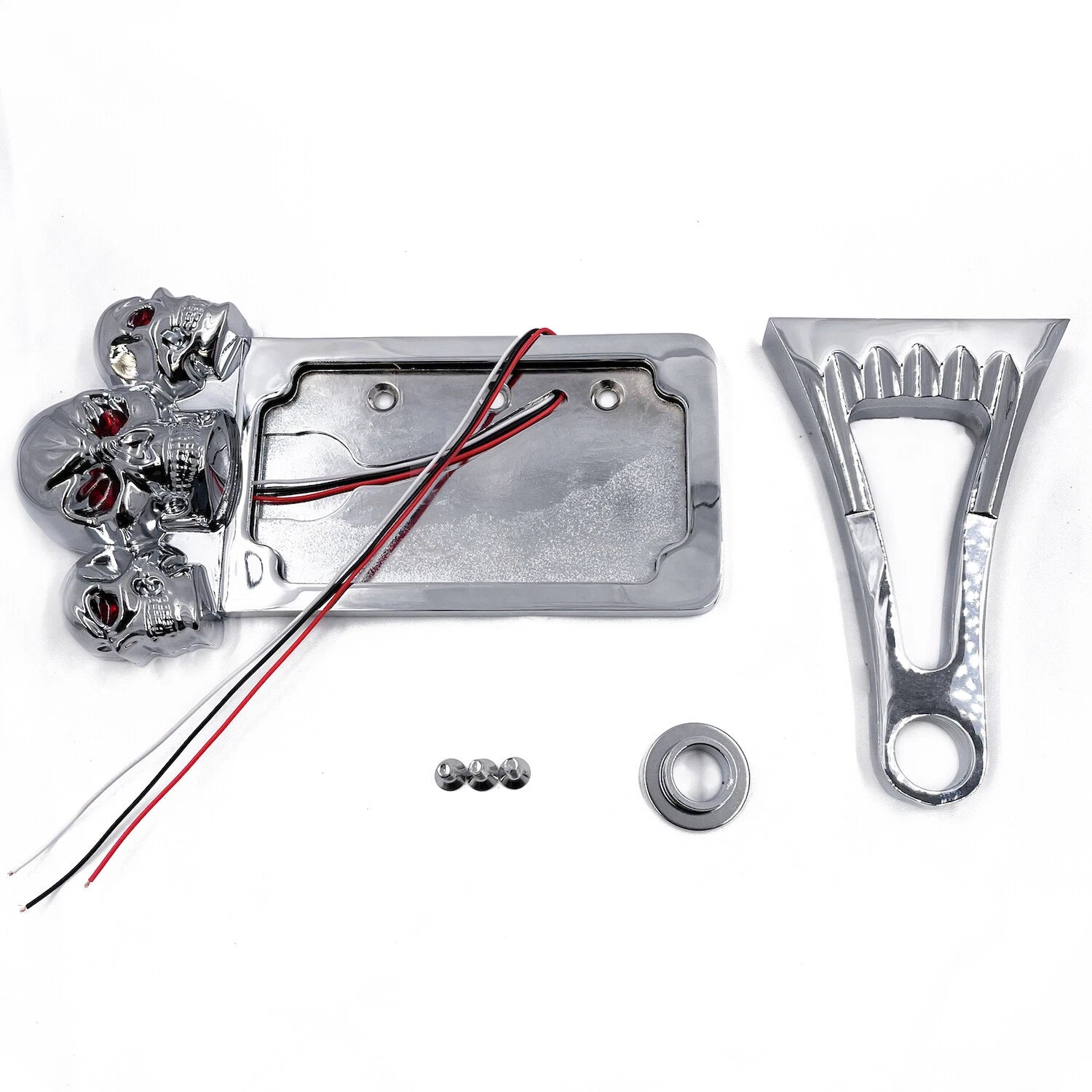 Chrome Side Mount License Plate Frame with Skull LED Brake Tail Light