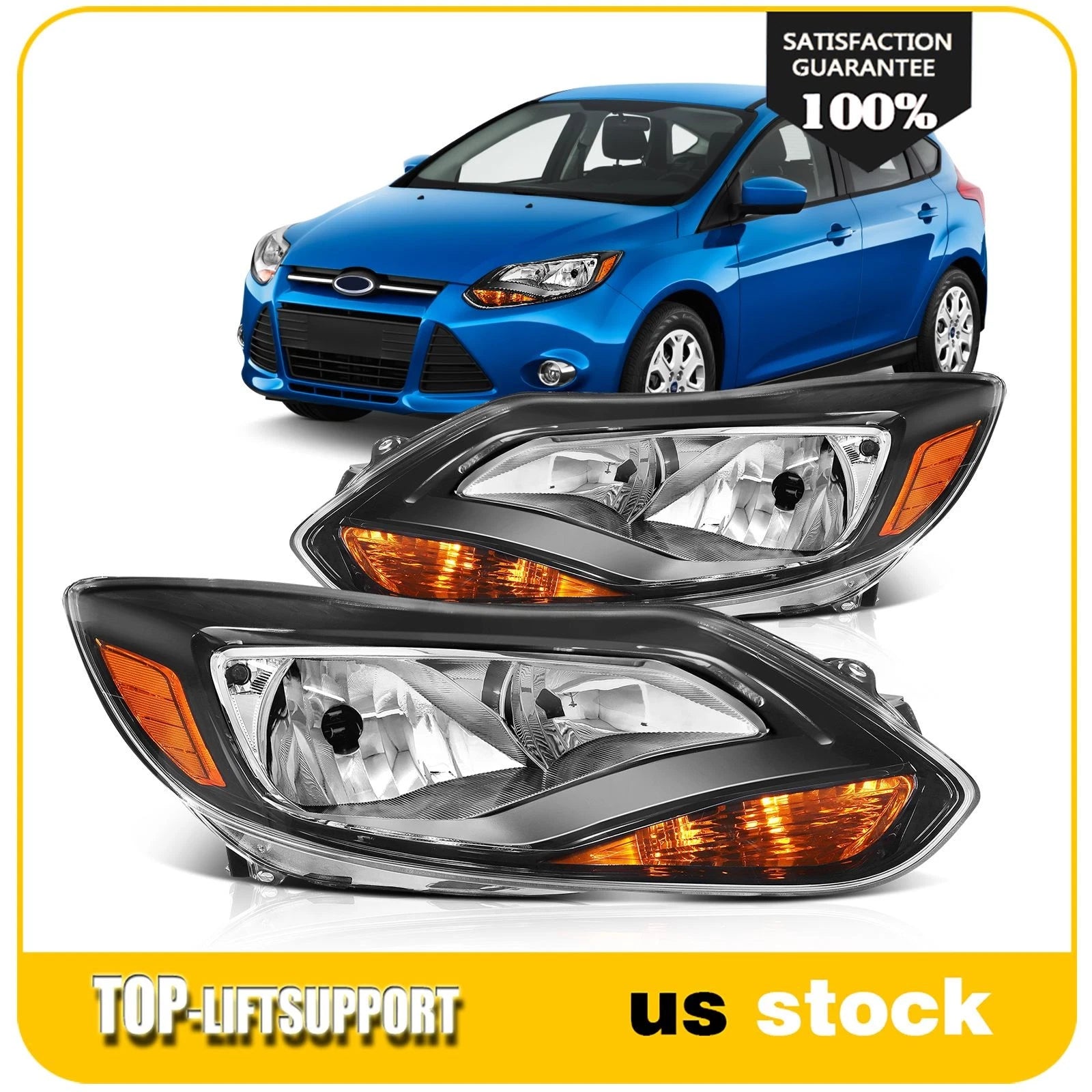Headlight Assembly for Ford Focus (2012–2014) Black Housing Left+Right Pair