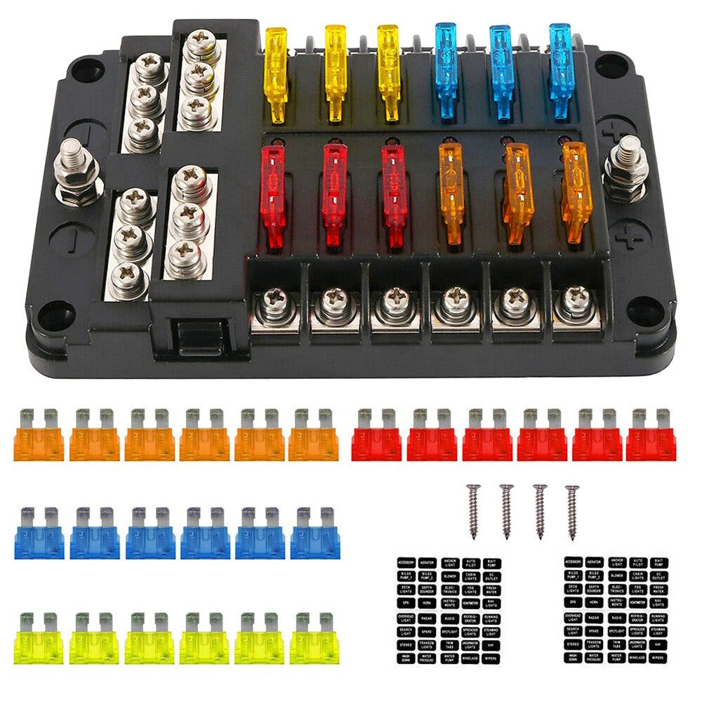 12 Way Blade Fuse Box Holder with LED Indicator for Auto Marine Boat (12V)