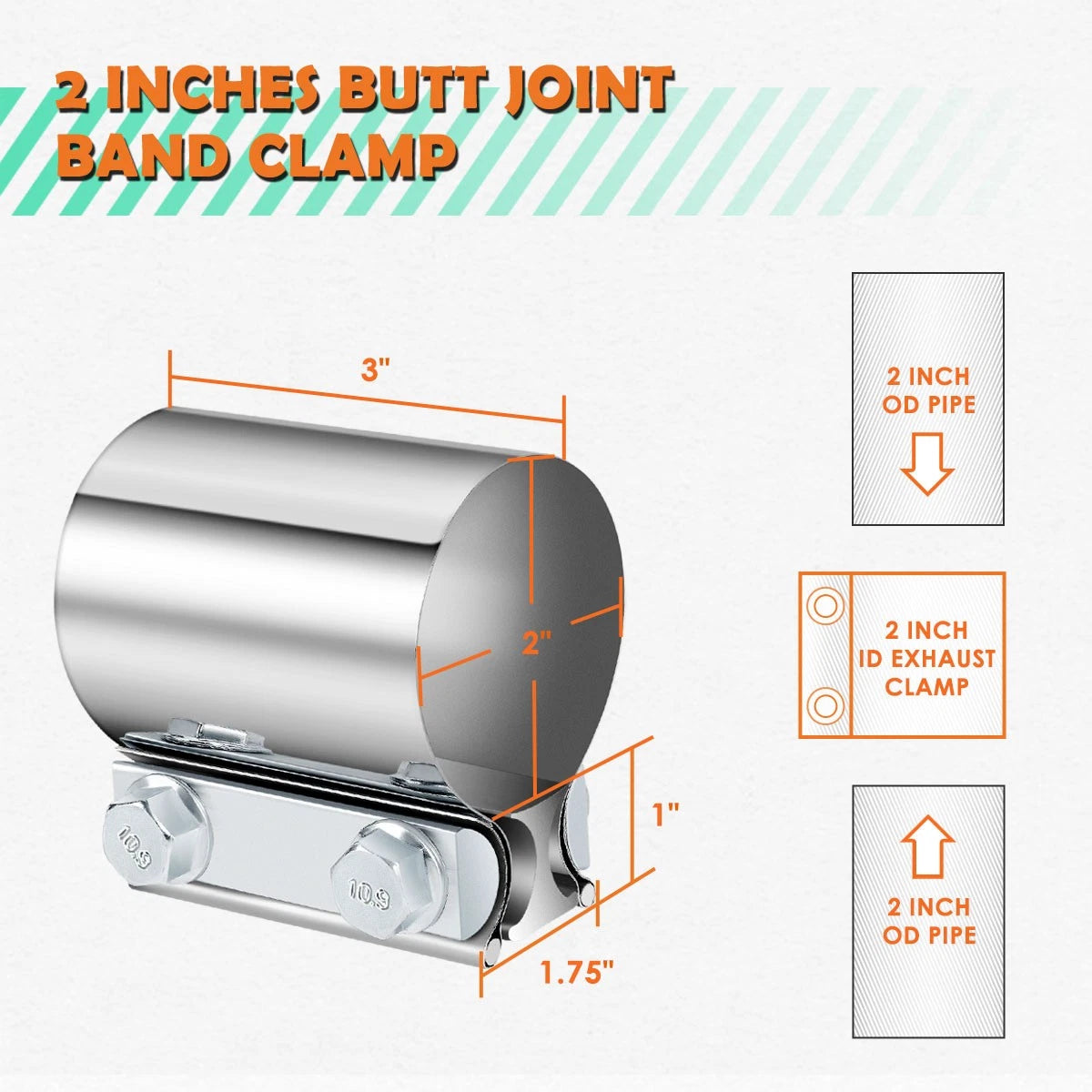 2X 2" ID Stainless Steel Catback Exhaust Butt Joint Band Clamps Sleeve Coupler
