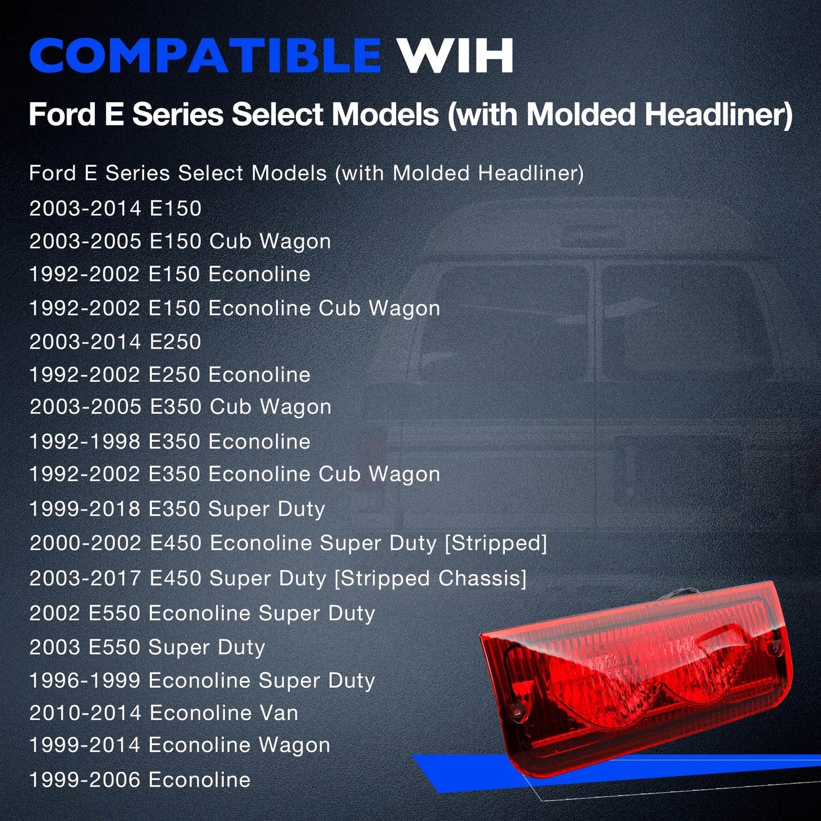 Rear Roof Mounted Third Brake Light for Ford E-150 E-250 E-350 (1992-2022)