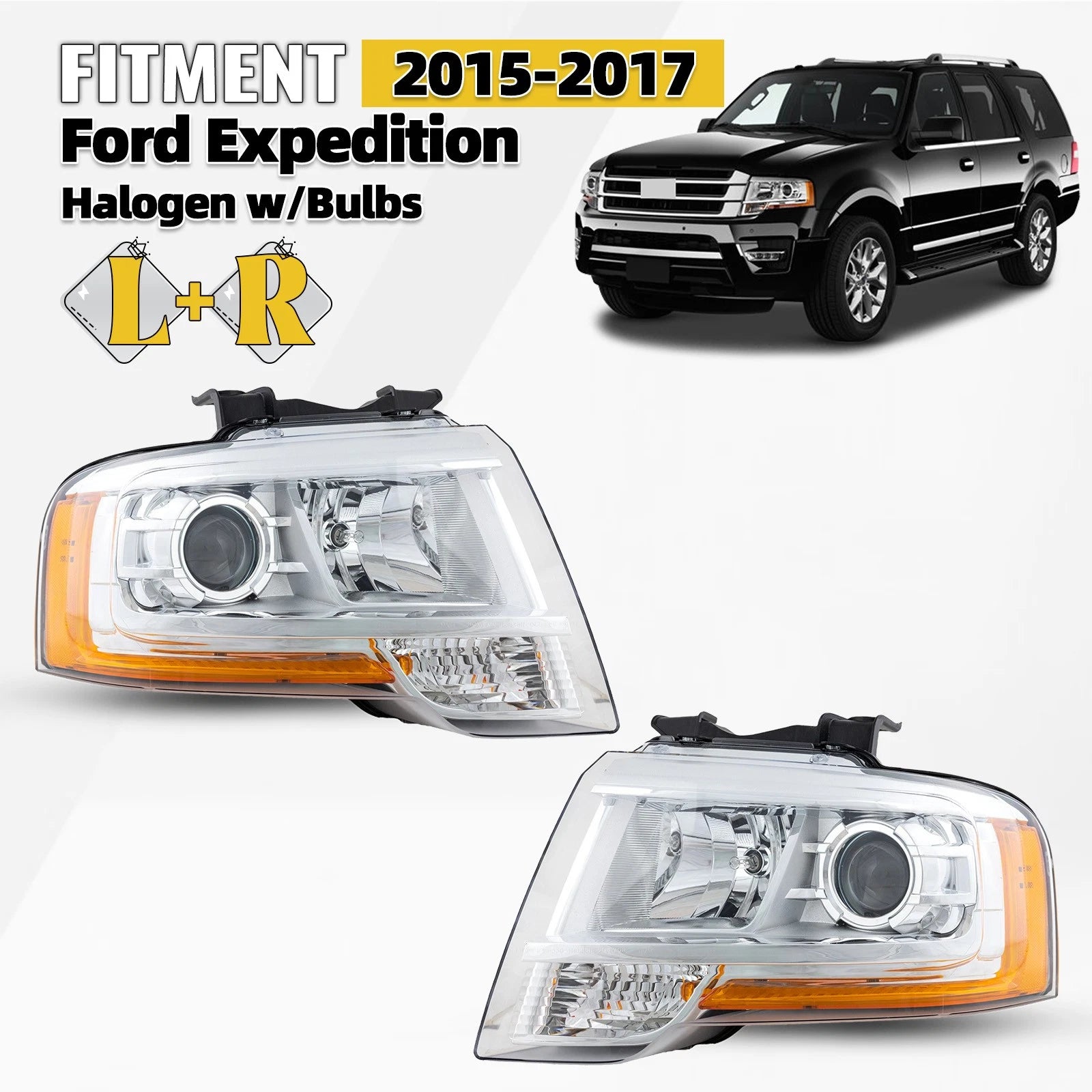Halogen Headlight Projector Pair for Ford Expedition (2015–2017) w/Bulb
