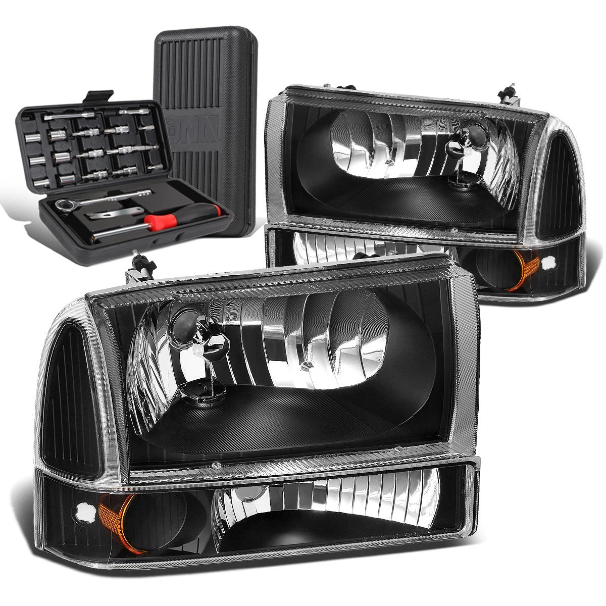 Pair of Black/Amber Signal Headlight Lamps for Ford Super Duty (1999–2004)