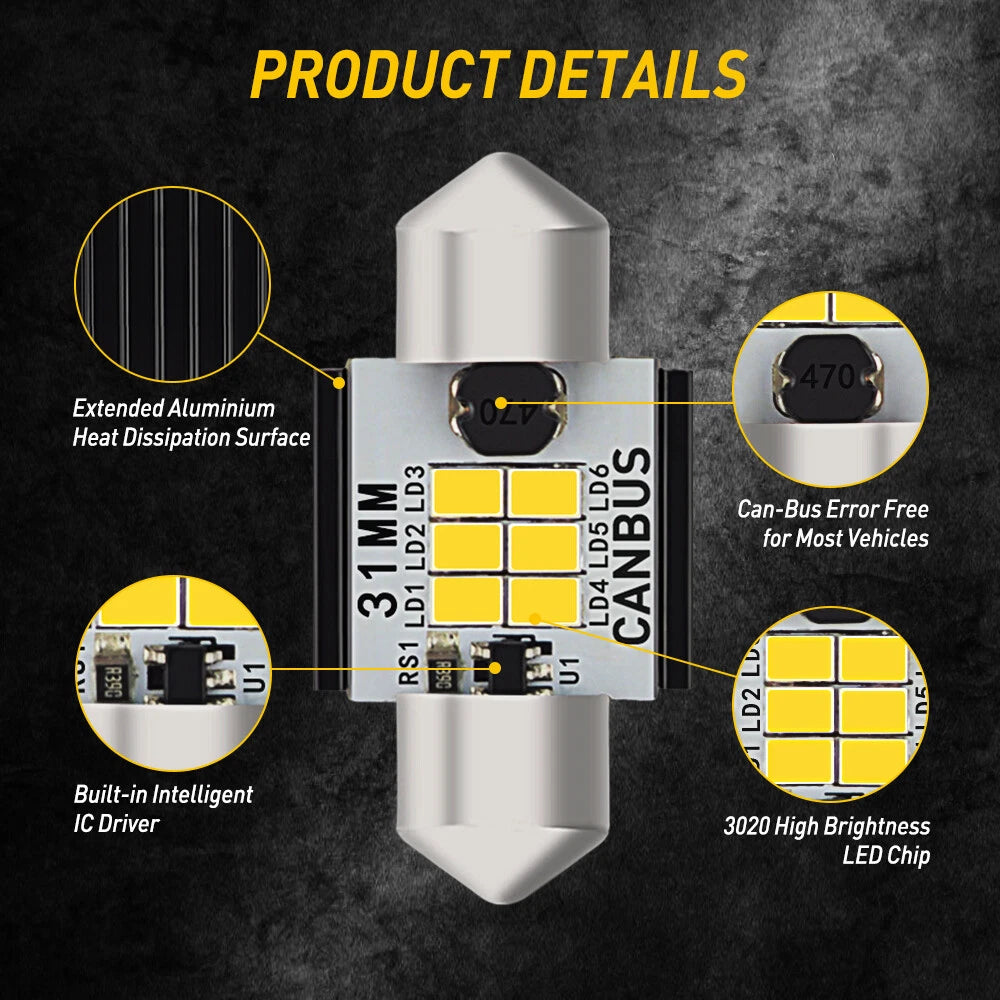 2X LED Festoon Bulbs 31MM for Dome Map Light DE3175 DE3022 (CANBUS)