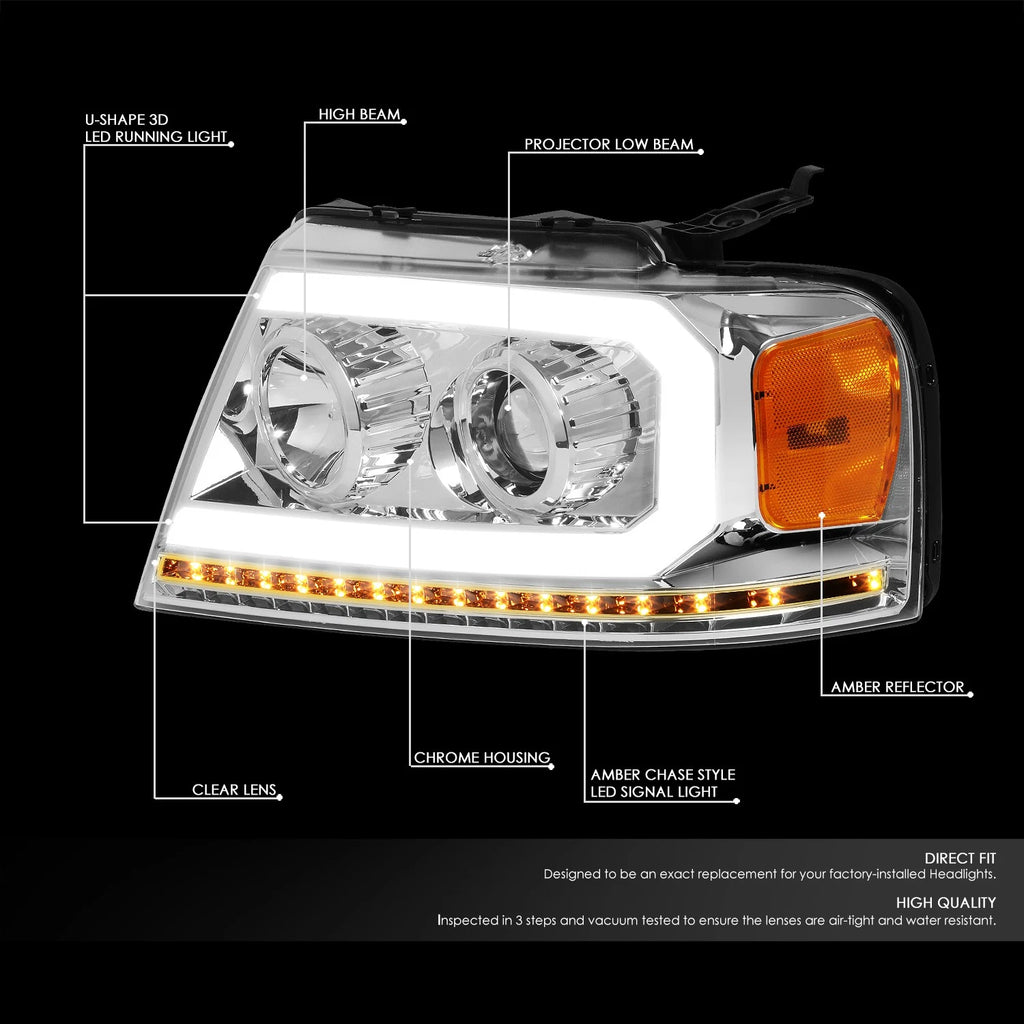 Chrome Amber LED DRL Sequential Signal Projector Headlights for Ford F150 (2004–2008)