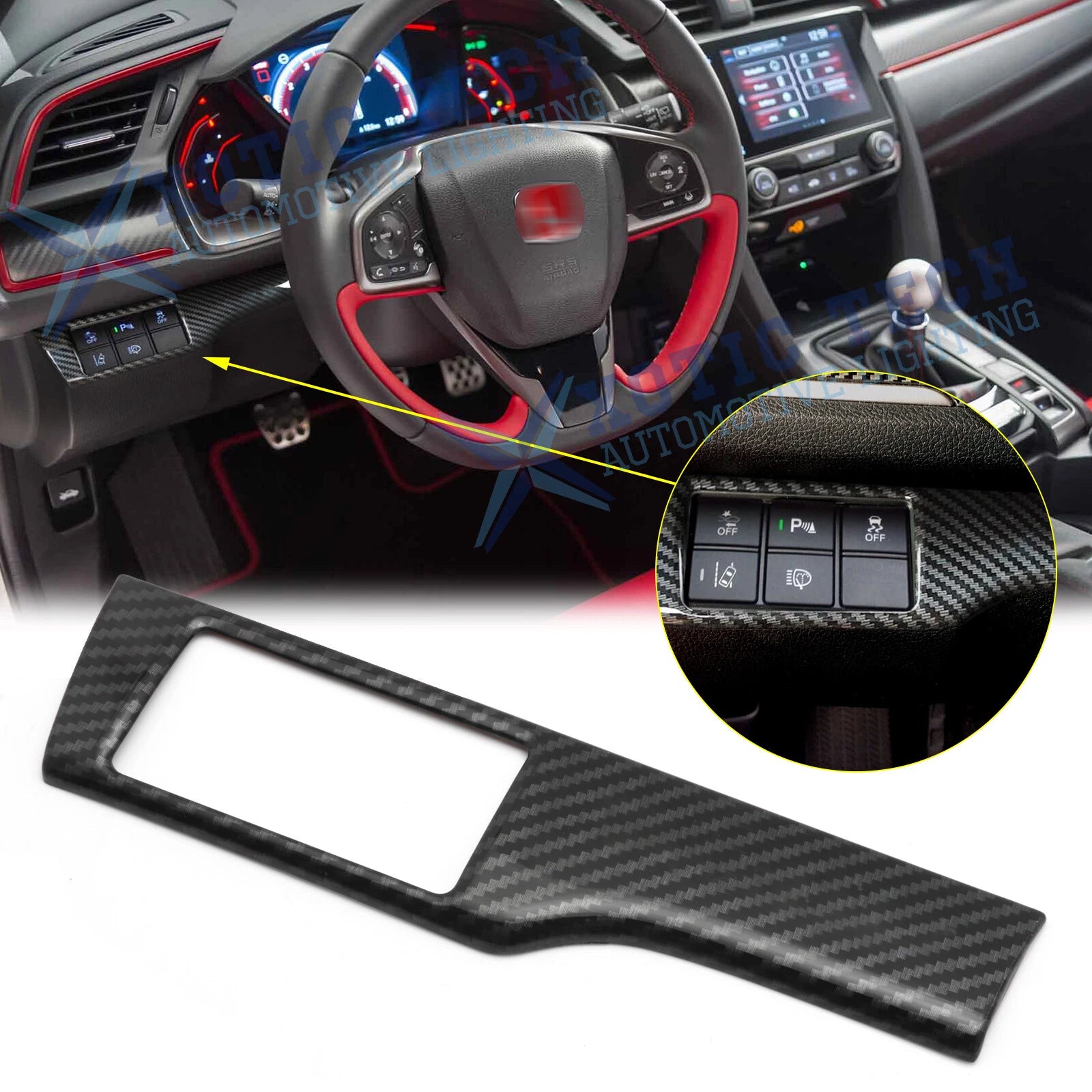Carbon Fiber Style Headlight Switch Button Cover for Honda Civic (2016–2021)