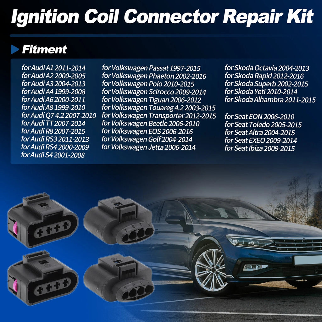 Set of 4 Ignition Coil Connector Repair Kit 4B0973724 for Audi A3 A4 A6 Q7 (2000–2020)