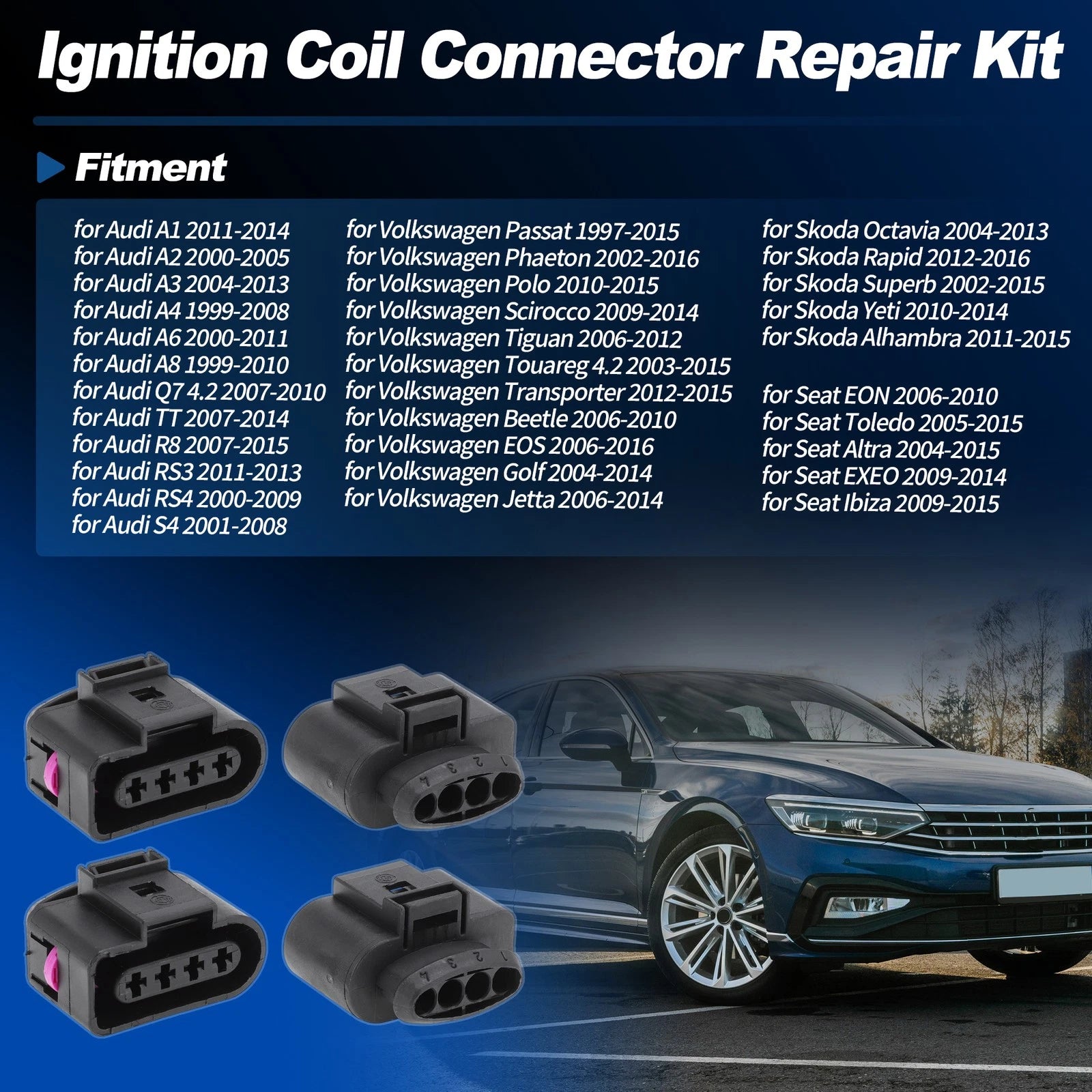 Set of 4 Ignition Coil Connector Repair Kit 4B0973724 for Audi A3 A4 A6 Q7 (2000–2020)