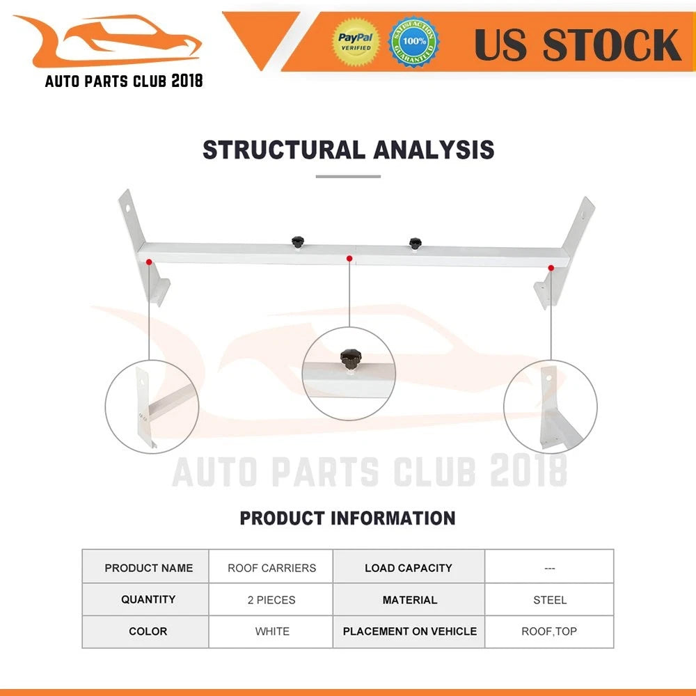 2X Steel Roof Cargo Bars Rack for White Van (600lb Capacity)