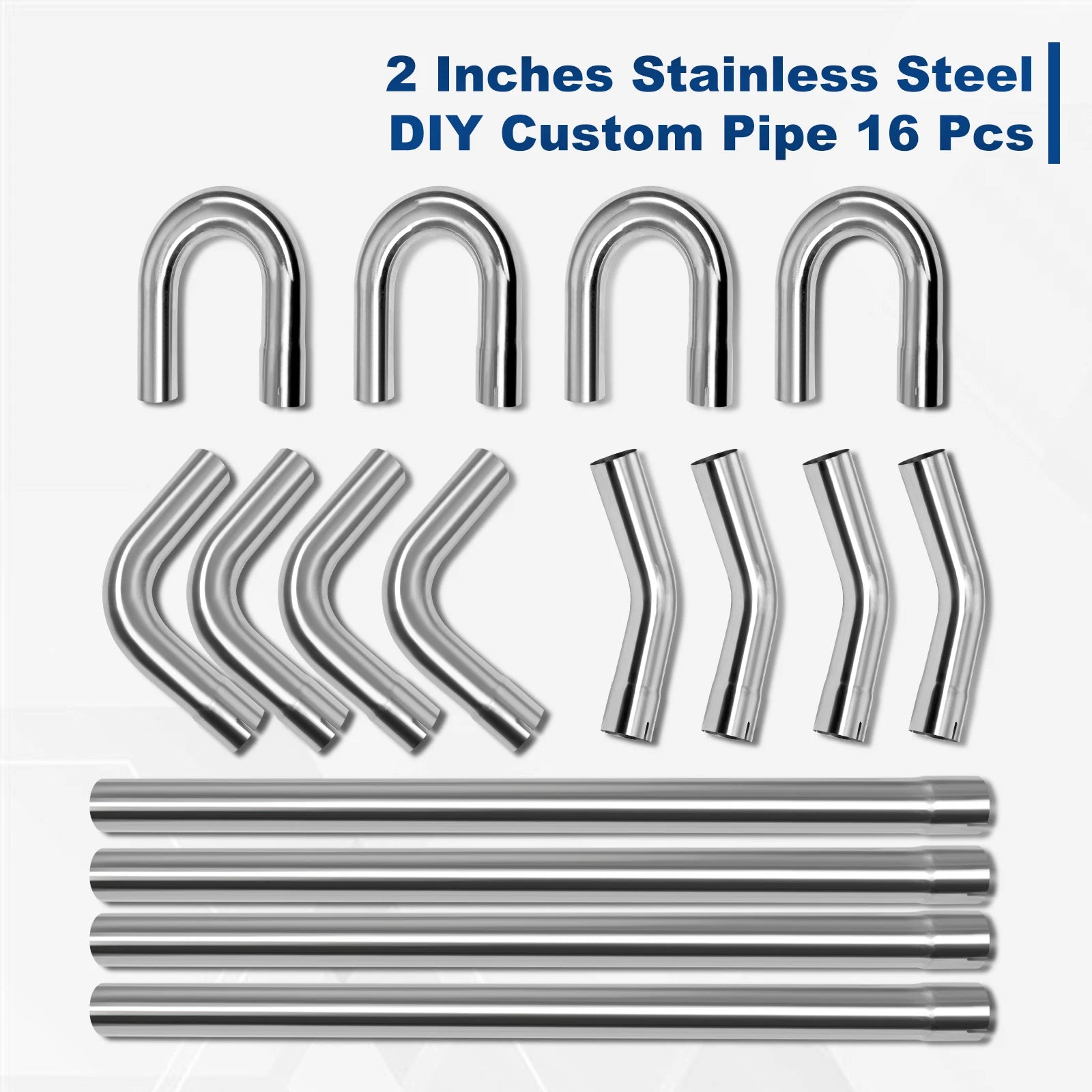 16Pcs Stainless Steel Exhaust Tubing Pipe Kit 2"/2.25"/2.5"/3"/3.5" OD