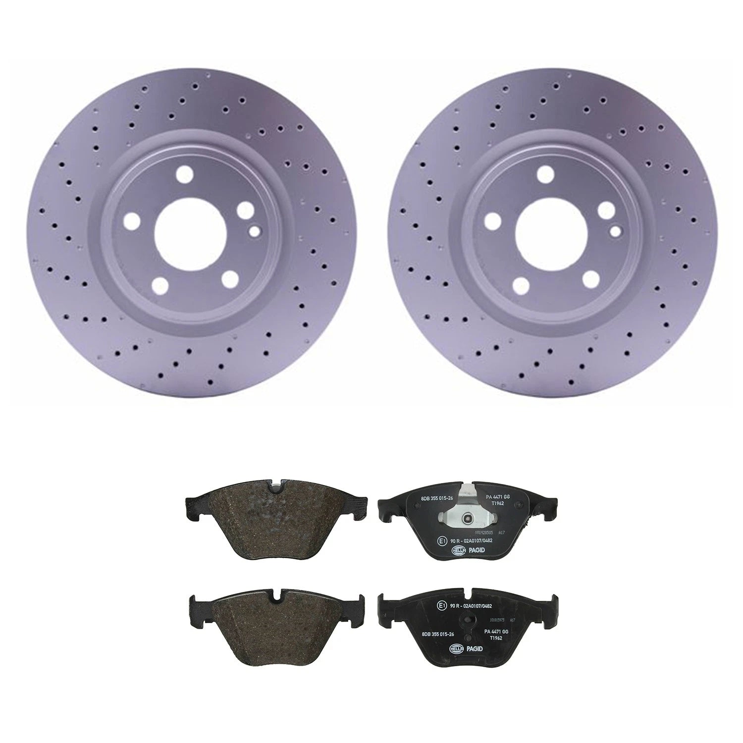 Hella Front Rotors & Low-Met Disc Brake Pad Kit for Mercedes CLA250 GLA250 (C117, X156)