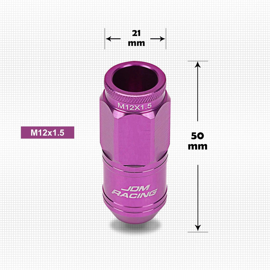 Set of 20 M12X1.5 Purple JDM Open End Cone Wheel Lug Nuts + Spline Lock Key