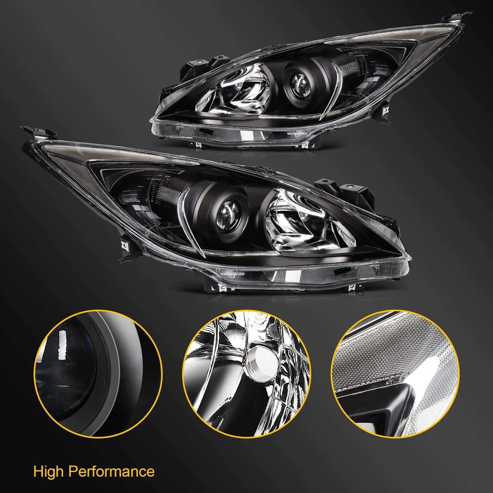 2X Headlight Assembly for Mazda 3 (2010–2013) Black Housing