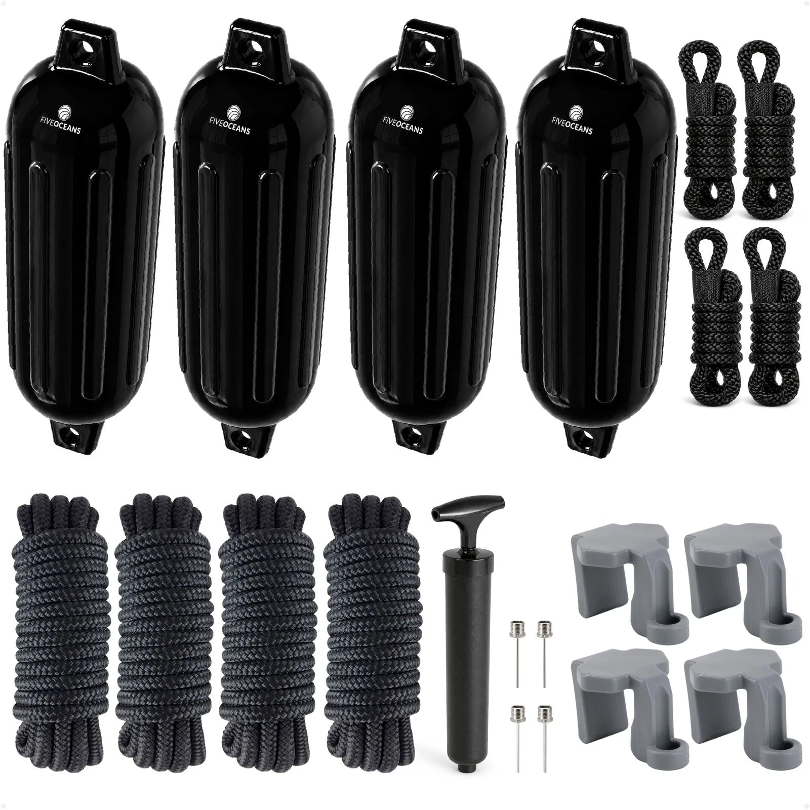 Set of 4 Boat Fenders 4.5"x16" with Dock Lines and Fender Clip