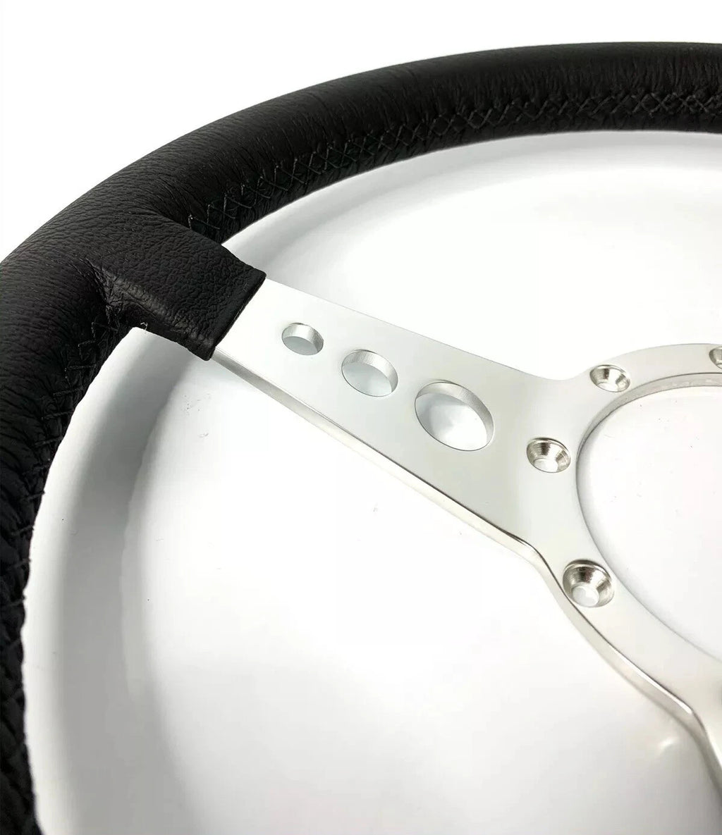 Polished 14 Inch Drilled 3 Spoke Steering Wheel with Leather Grip for 9 Hole