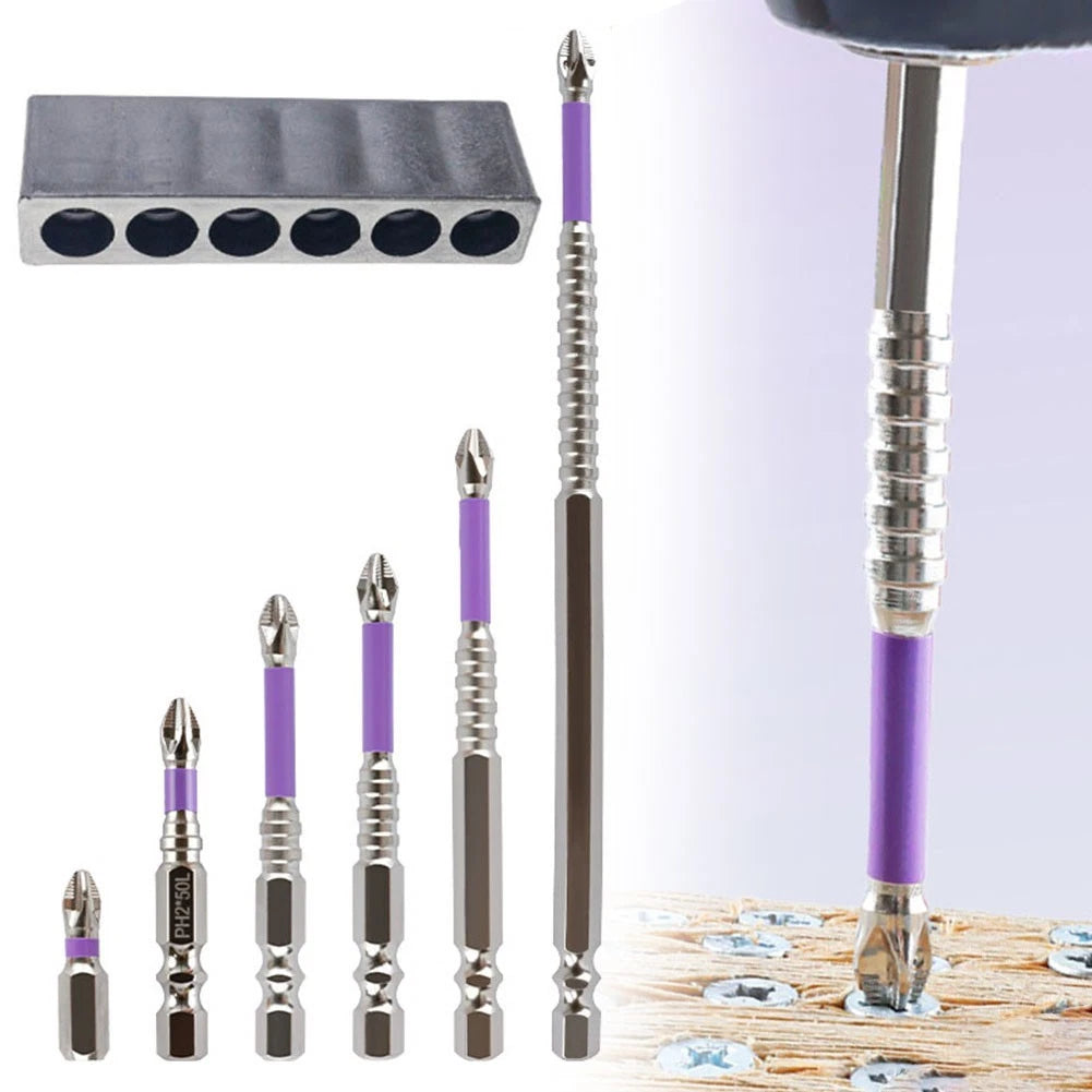 Set of 6 Alloy Steel PH2 Screwdriver Bits for Various Drilling Needs