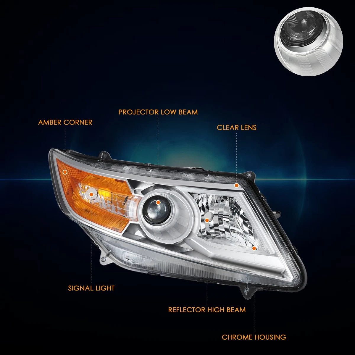 Passenger Side Projector Headlight Chrome for Honda Odyssey (2011–2013)