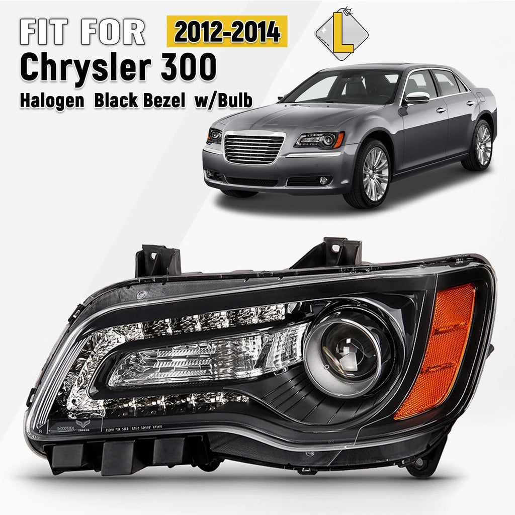 Halogen Headlight for Chrysler 300 (2012–2014) Black Bezel W/Bulb Left Driver