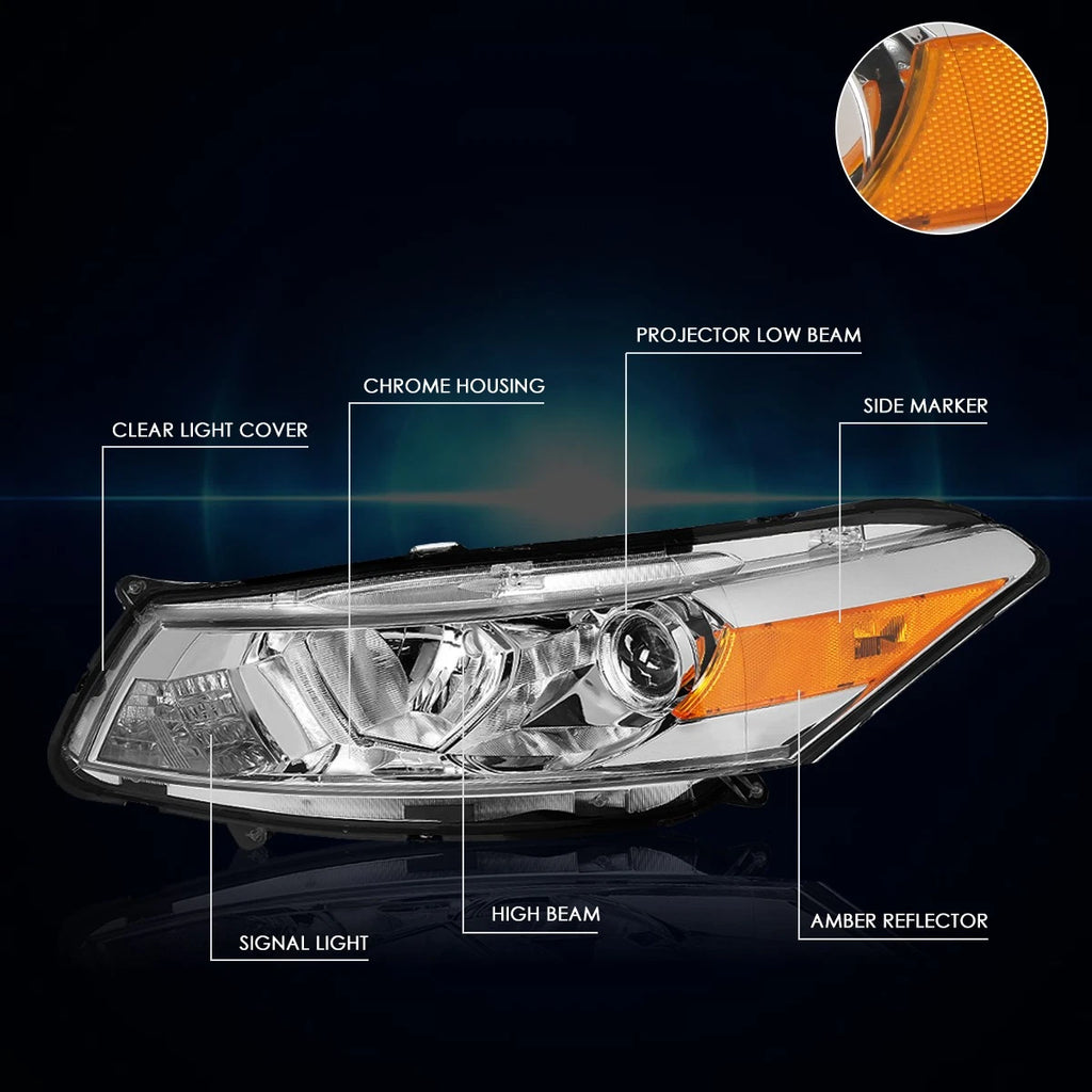 Projector Headlight for Honda Accord Coupe (2008–2012) Chrome Housing Amber Side