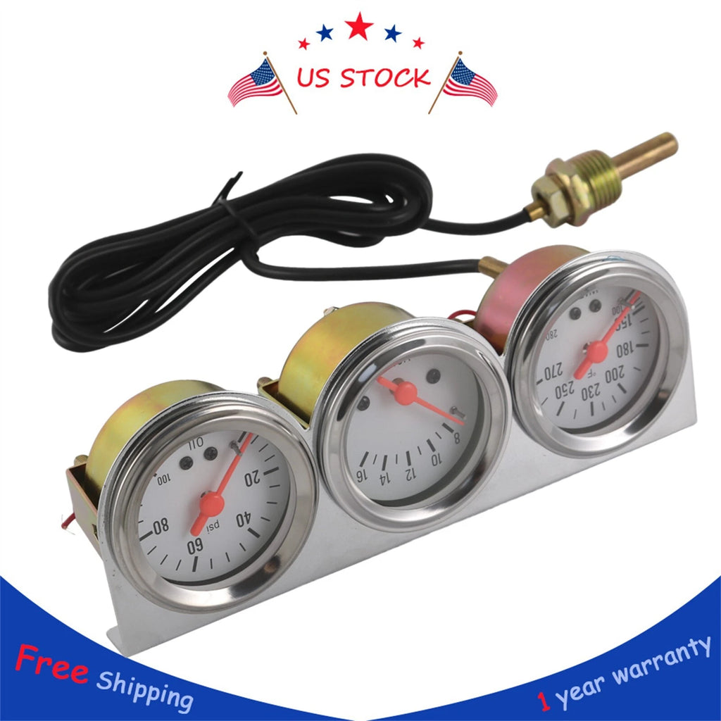 Set of 3 Chrome Mechanical Gauges for Universal Vehicles (52mm)