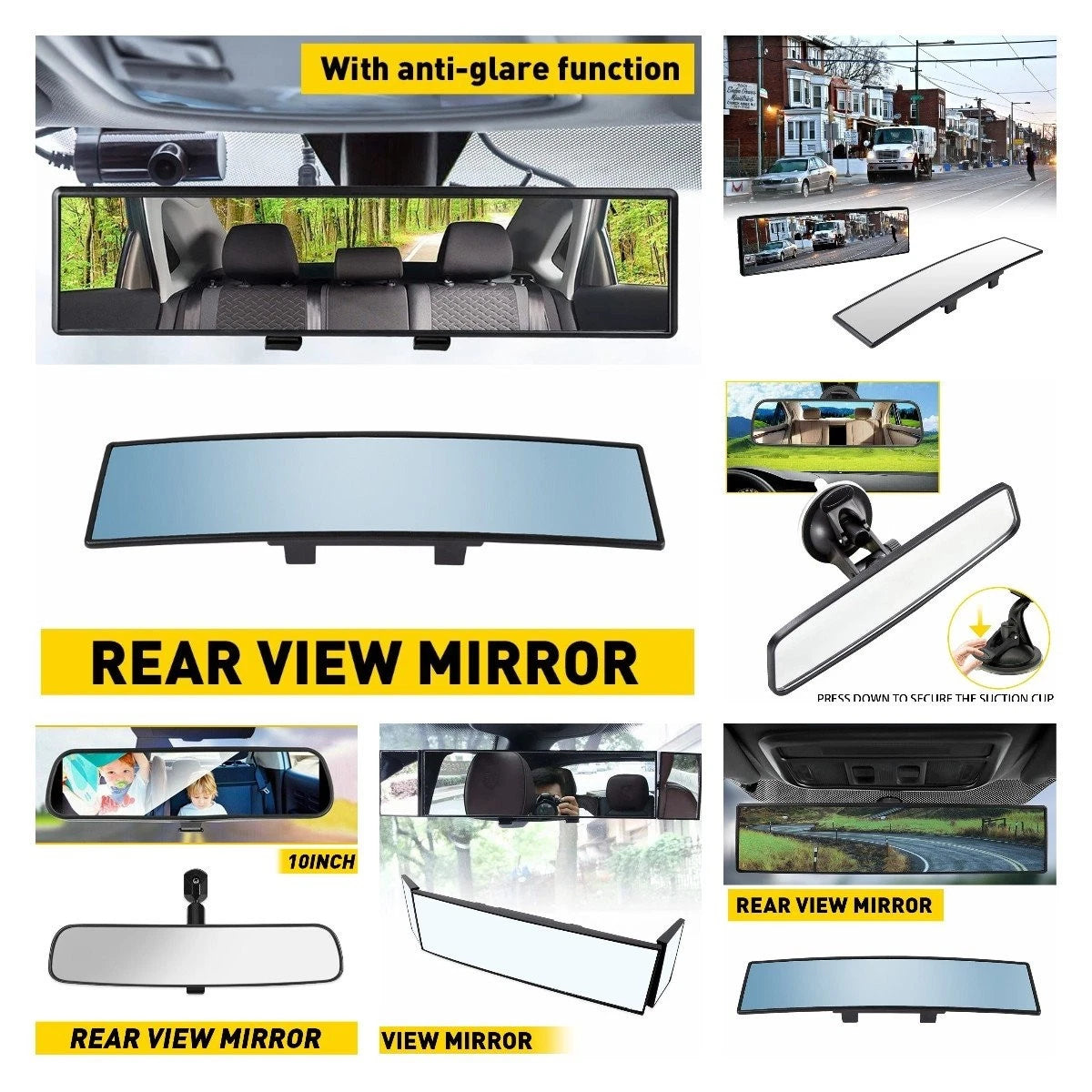 Rear View Mirror for Universal Replacement Day Night Wide Angle Convex