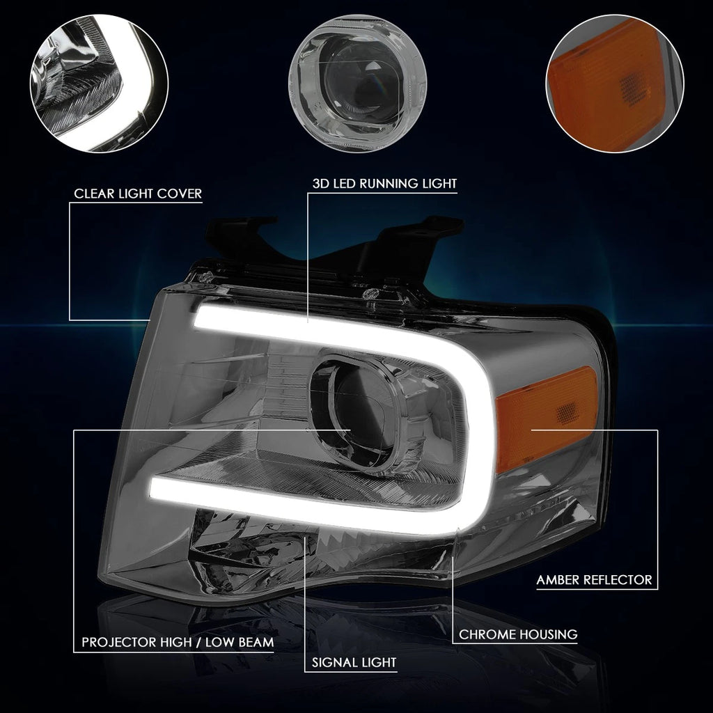 LED DRL Projector Headlight for Ford Expedition (2007–2014) Smoked Lens Amber Corner
