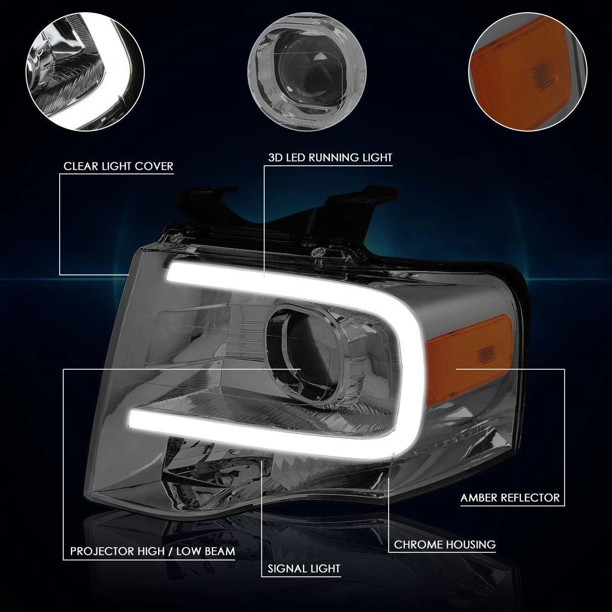LED DRL Projector Headlight for Ford Expedition (2007–2014) Smoked Lens Amber Corner