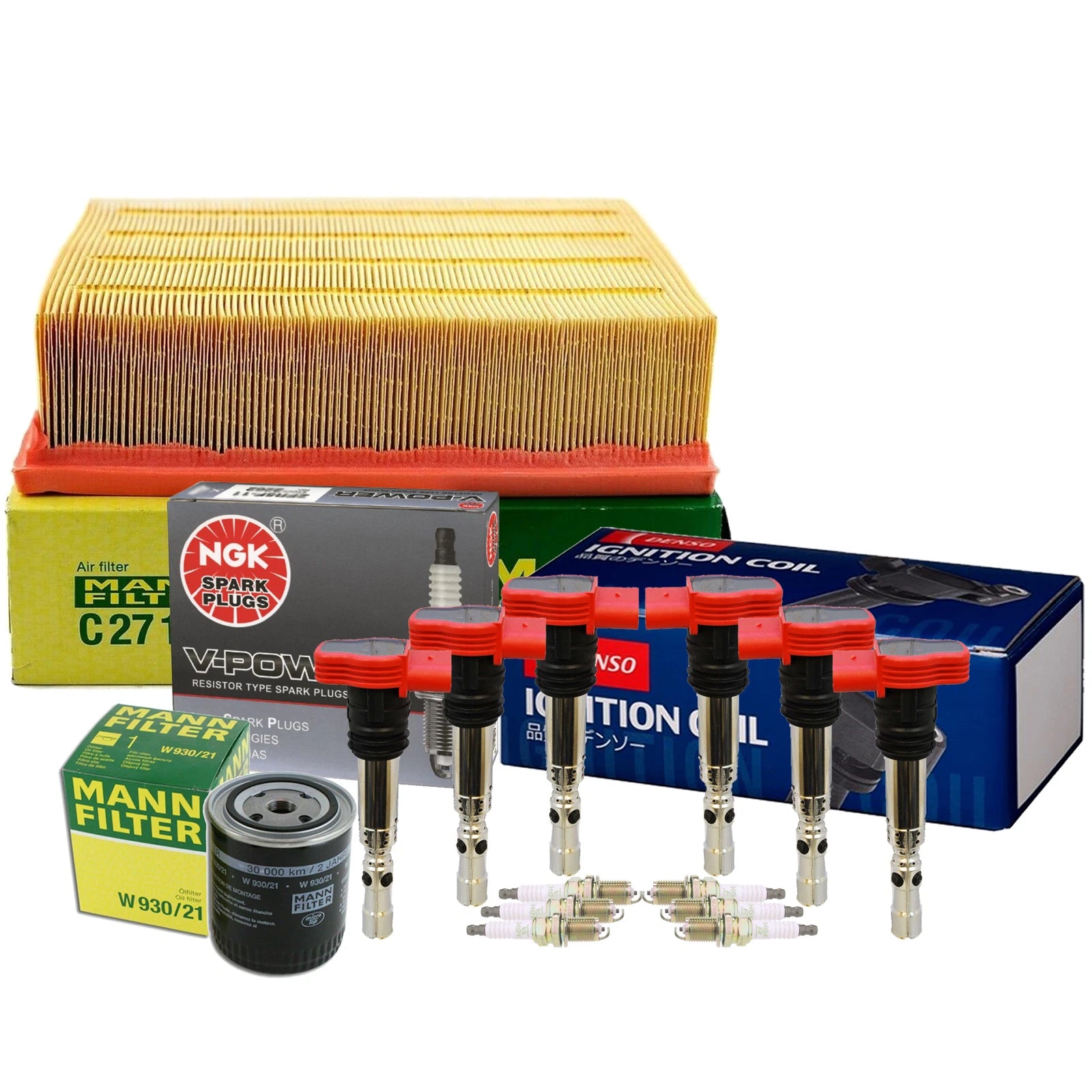 Tune Up Kit: 6 Mann Filters, 6 Denso Coils, 6 NGK V-Power Spark Plugs for Audi 3.0 V6