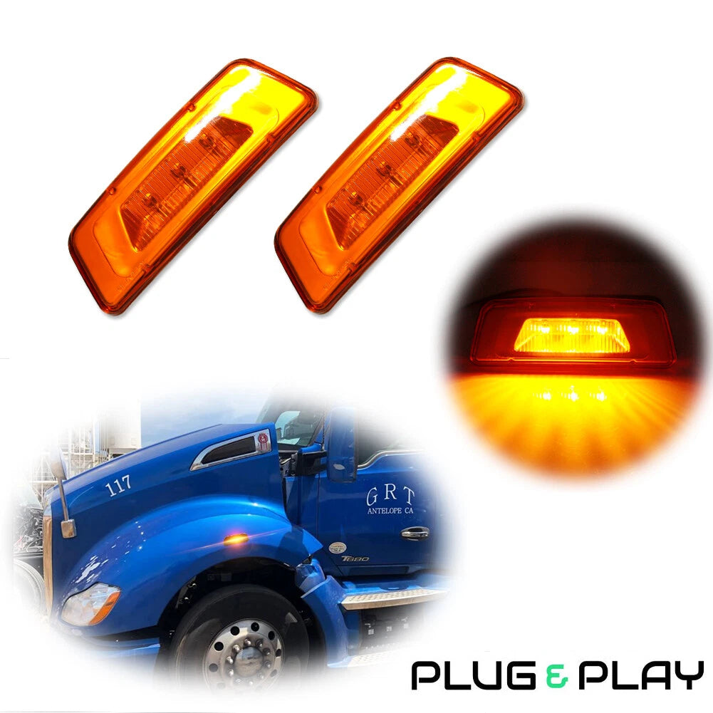 2PC Amber Lens Front Wheel Fender Side Marker Lights for Kenworth T680 T700 T880