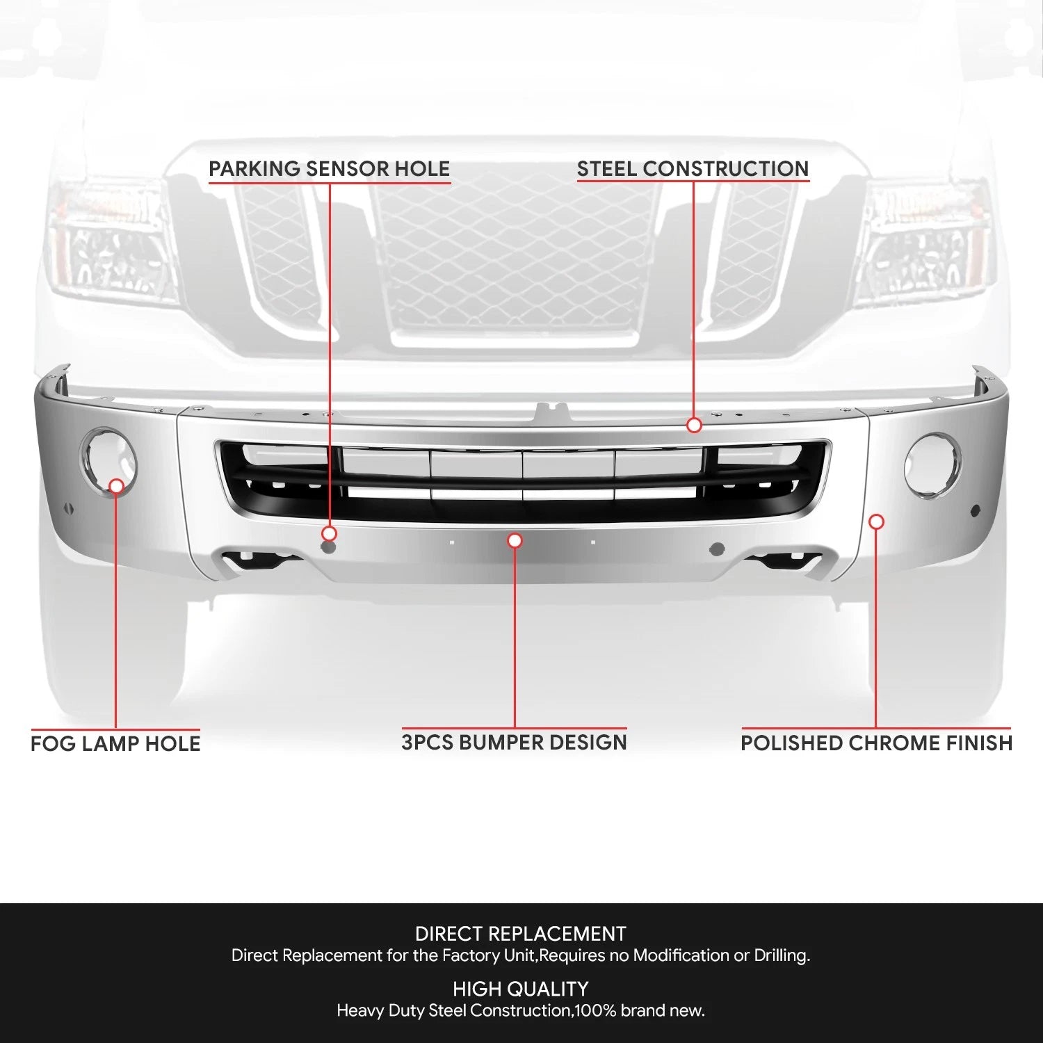 Chrome Front Bumper Face Bar w/ Foglight Holes for Nissan NV3500 (2012–2021)