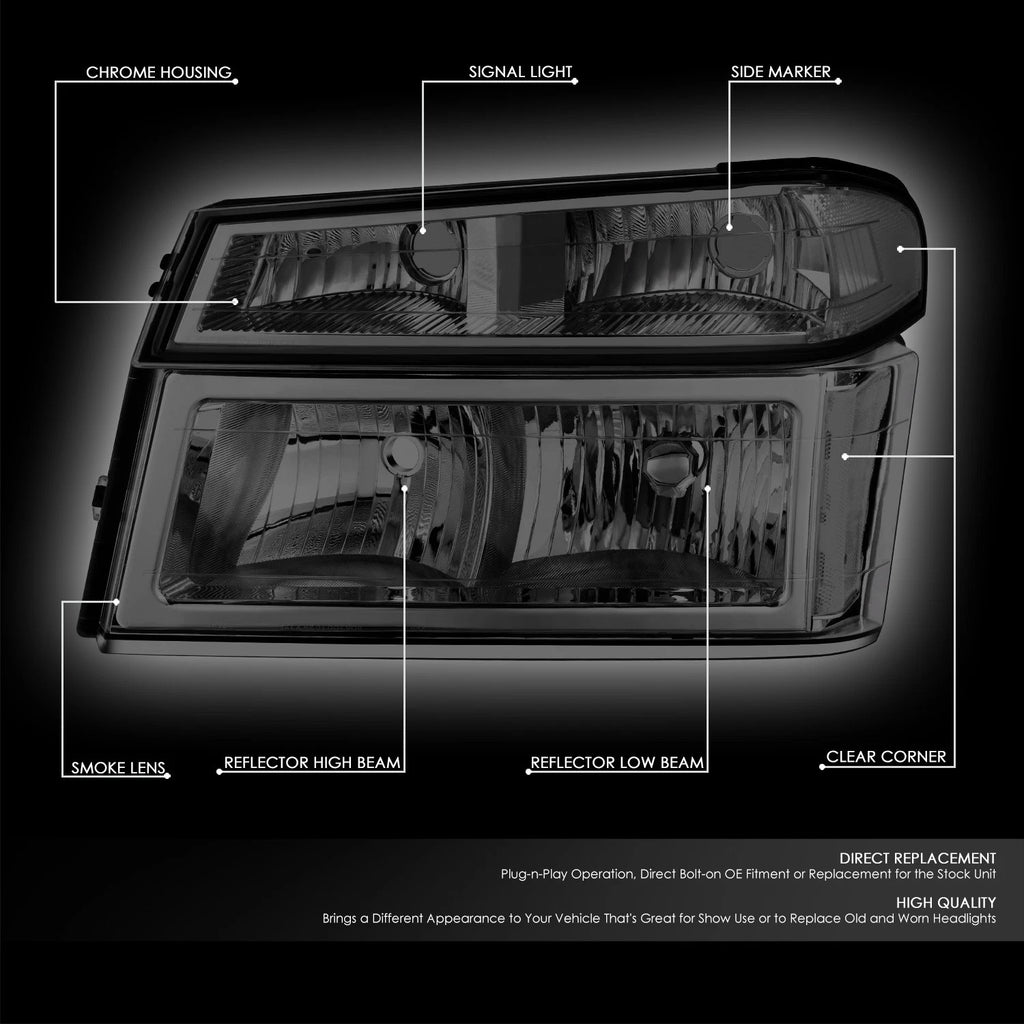 Smoked Lens Clear Reflector Headlights for GMC Canyon, Chevrolet Colorado (2004–2012)