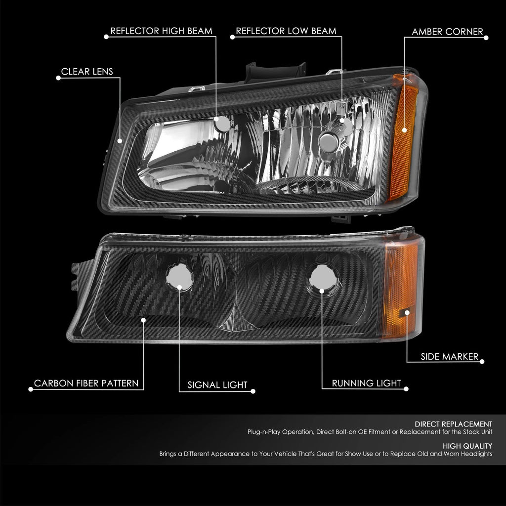 Headlight Assembly for Chevy Avalanche Silverado (2003–2007) Carbon Fiber Pattern