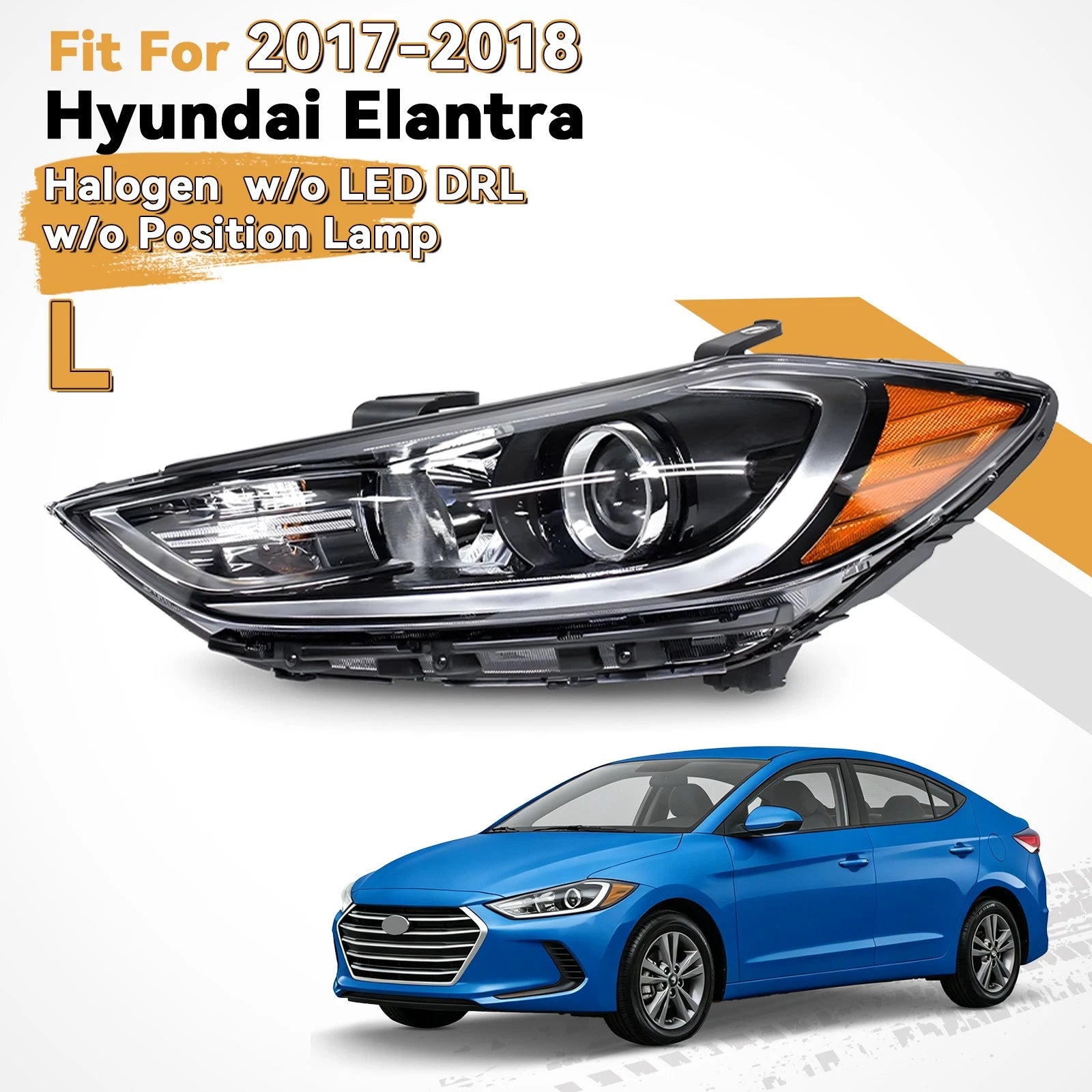 Halogen Headlight for Hyundai Elantra (2017–2018) Left, w/o LED DRL