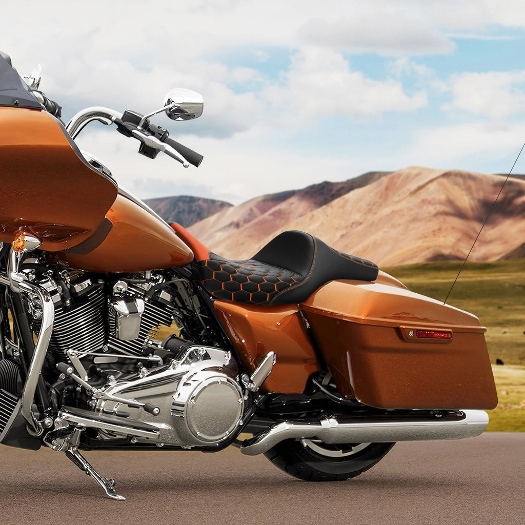 2X Two-Up Seat for Harley Road Glide (2009–2023) Black Orange