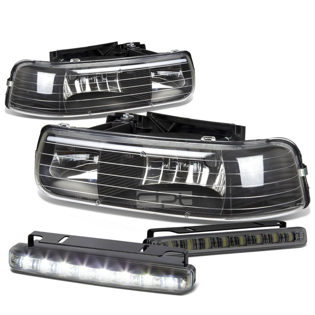 Set of 2 Black Housing Clear Lens Headlight + LED Fog Light for Silverado (1999–2002)