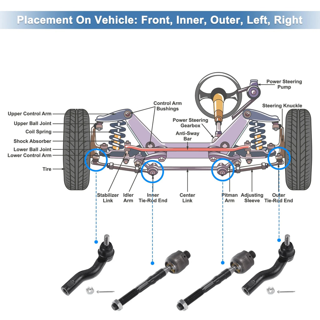 Set of 4 Front Inner Outer Tie Rod End Links for Ford Fusion, Lincoln MKZ