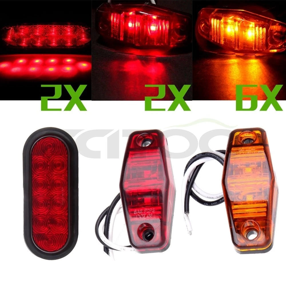 2X 6" 10LED Red Trailer Tail Light + 8X Amber/Red Side Marker Lights